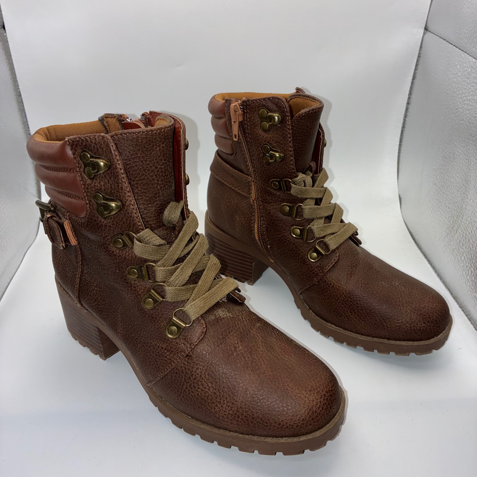 Shoe Show Elyss Girls Size 4m Brown Faux Leather Lace Up Combat Boots Side Zip